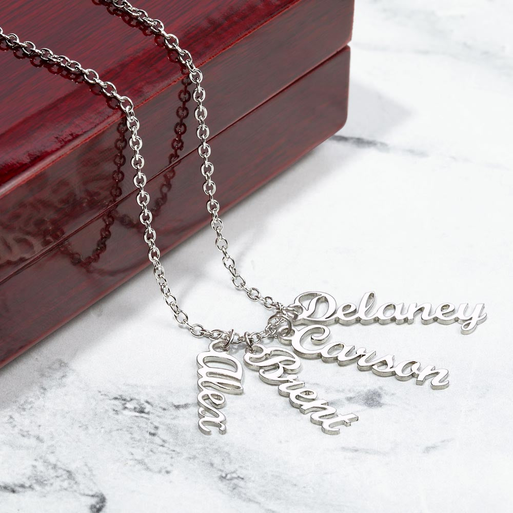 Custom vertical name necklace jewelry by Medallion Necklace brand