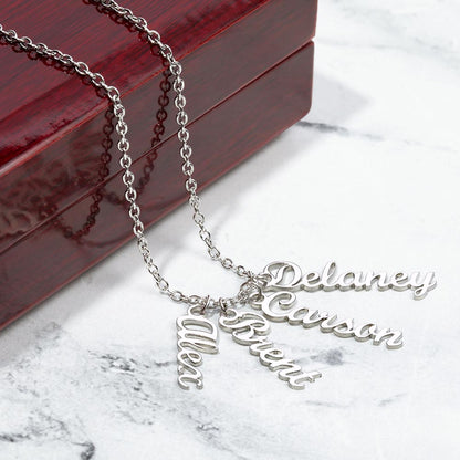 Custom vertical name necklace jewelry by Medallion Necklace brand