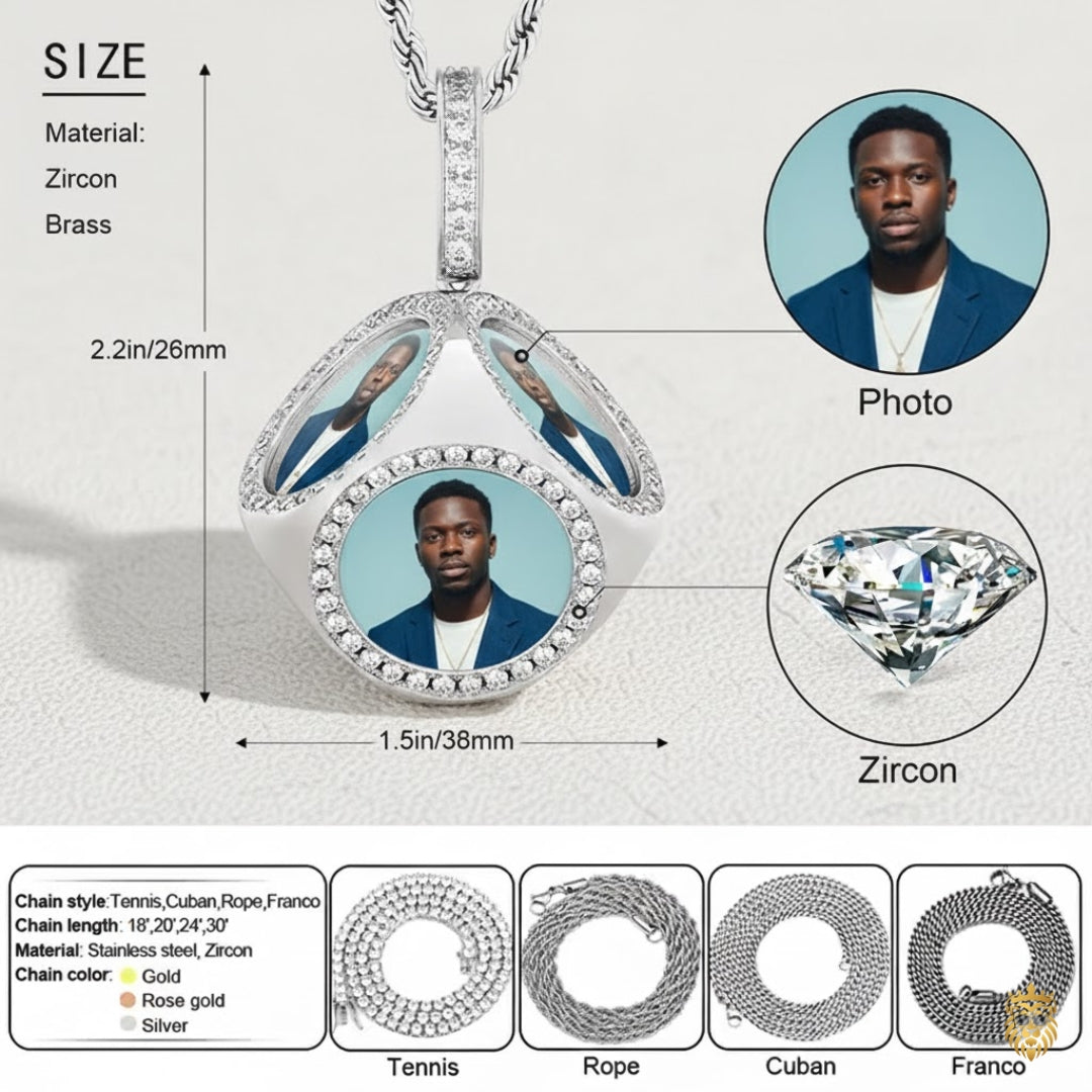 Custom gold pendant necklace with rhinestone details and photo