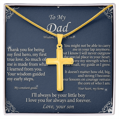 Man wearing artisan cross pendant necklace with snake chain for modern masculine style