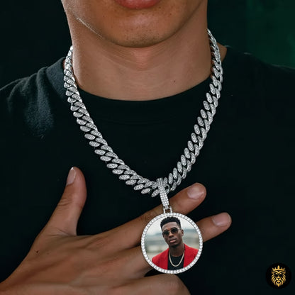 Male model wearing 45mm custom photo medallion necklace as hip hop fashion accessory
