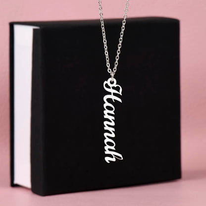 Elegant minimalist gold bar necklace with vertical name engraving