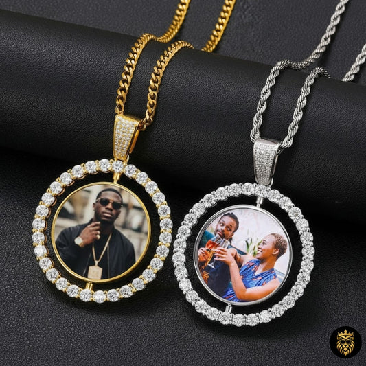 Custom moissanite photo medallion necklace with rotating double-sided pendant