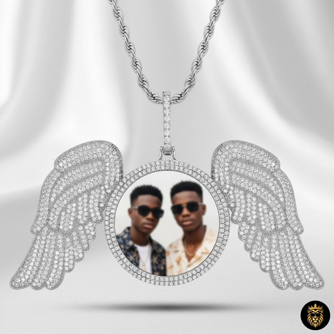 Close-up of moissanite angel wing custom photo pendant in sterling silver
