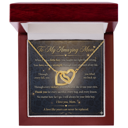 Flat lay of interlocking hearts necklace for Mother’s Day gift