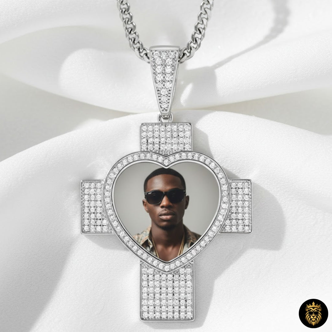 Personalized cross necklace with engraved photo inside pendant
