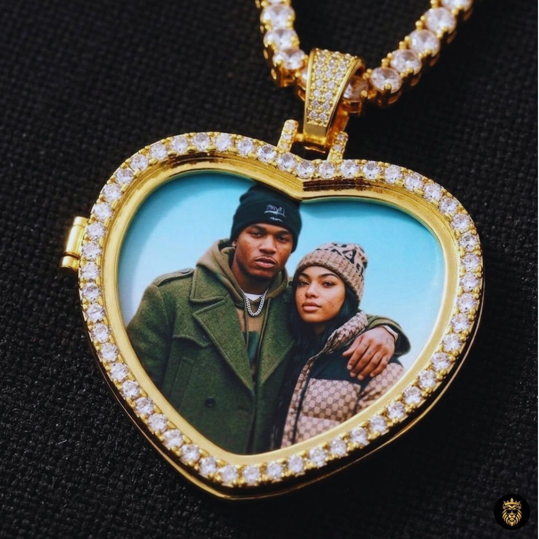 Engraved heart shaped medallion necklace with custom photo memory insert