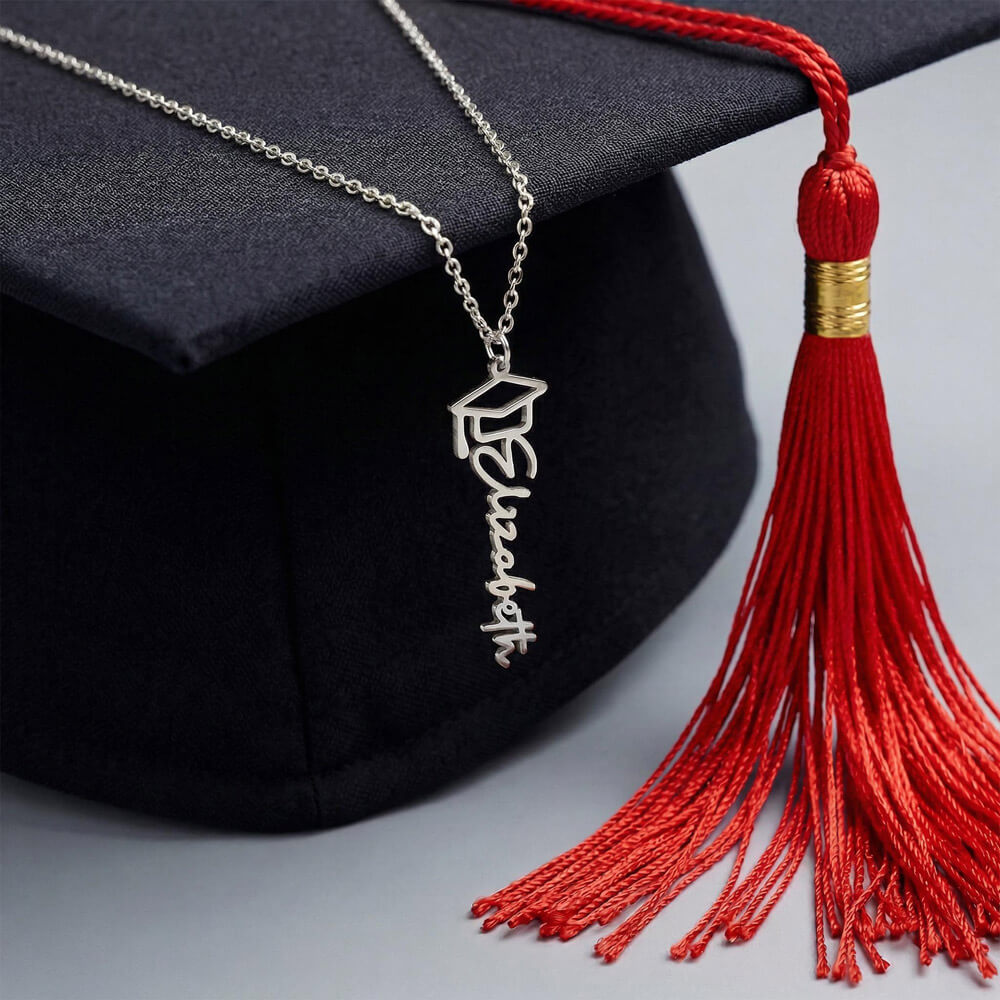 Rose gold graduation necklace with custom name