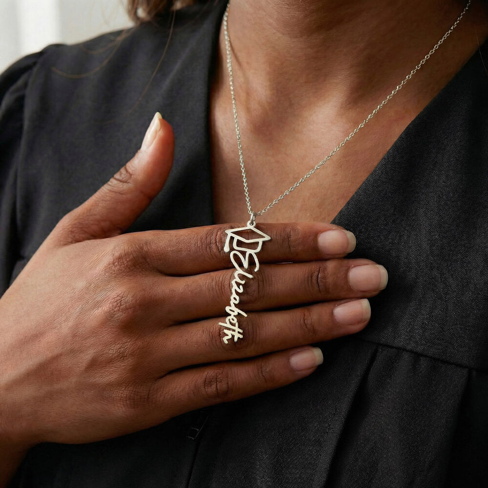 Personalized graduation cap necklace with custom name engraving