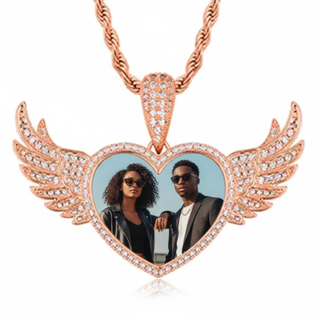 Personalized medallion necklace with photo inserted inside heart locket
