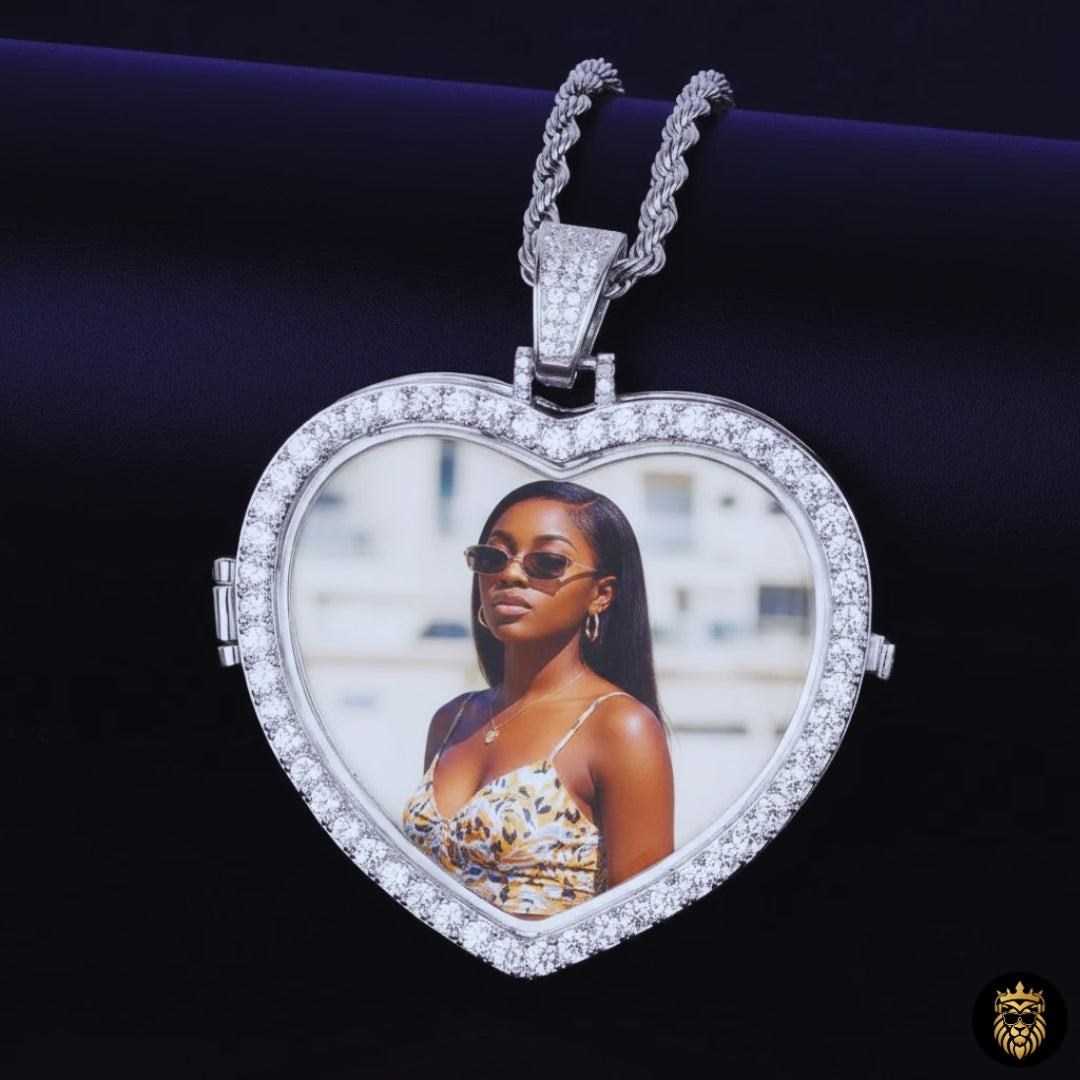 Personalized heart medallion necklace showing hidden photo feature
