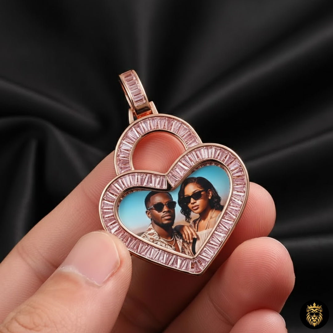 Personalized heart necklace showing photo inside pendant

