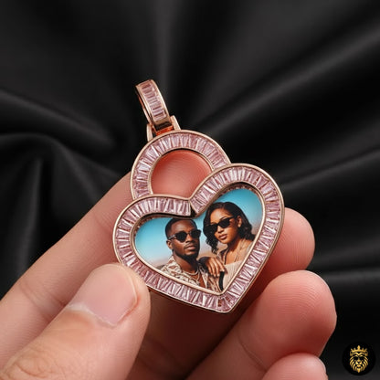 Personalized heart necklace showing photo inside pendant
