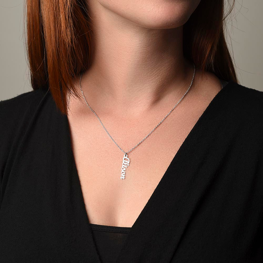 Stylish women wearing personalized vertical name necklace