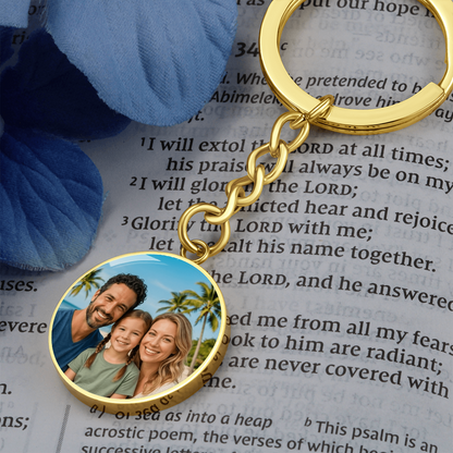 Round custom keychain gift for men featuring personal photo