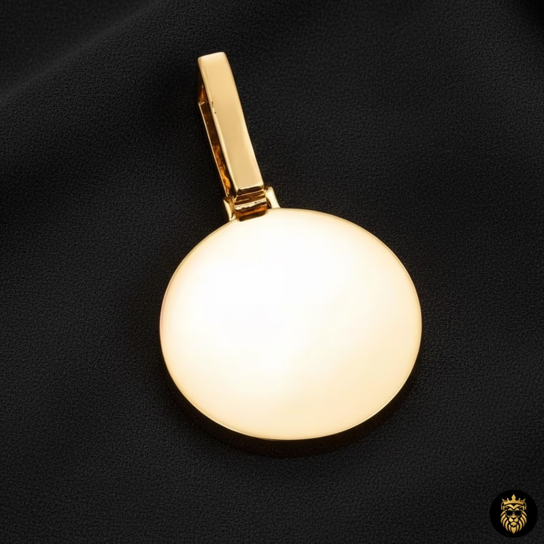Front view of round custom photo pendant necklace with shiny gold chain