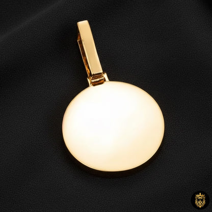 Front view of round custom photo pendant necklace with shiny gold chain
