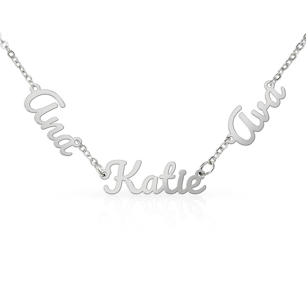 Gold personalized multiple name necklace with custom family names engraved in elegant script