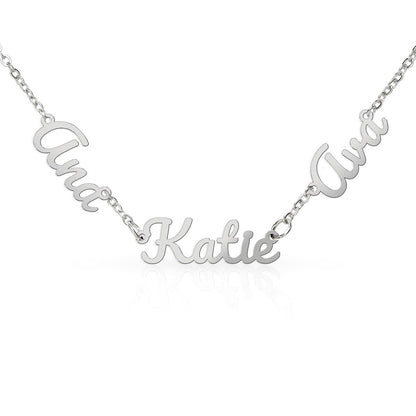 Gold personalized multiple name necklace with custom family names engraved in elegant script