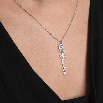 Custom name necklace with floral pendant design in gold finish