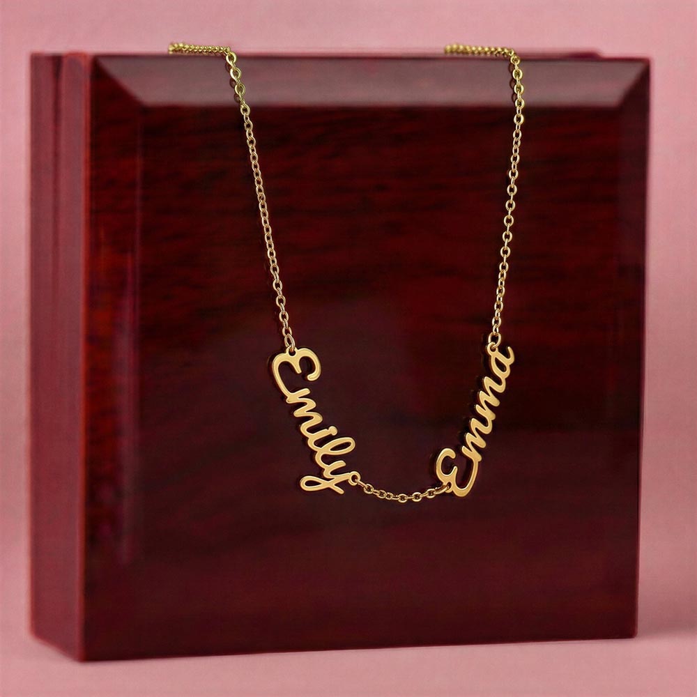 Minimalist style multiple name necklace with clean engraved lettering
