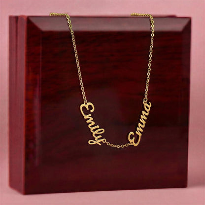 Minimalist style multiple name necklace with clean engraved lettering