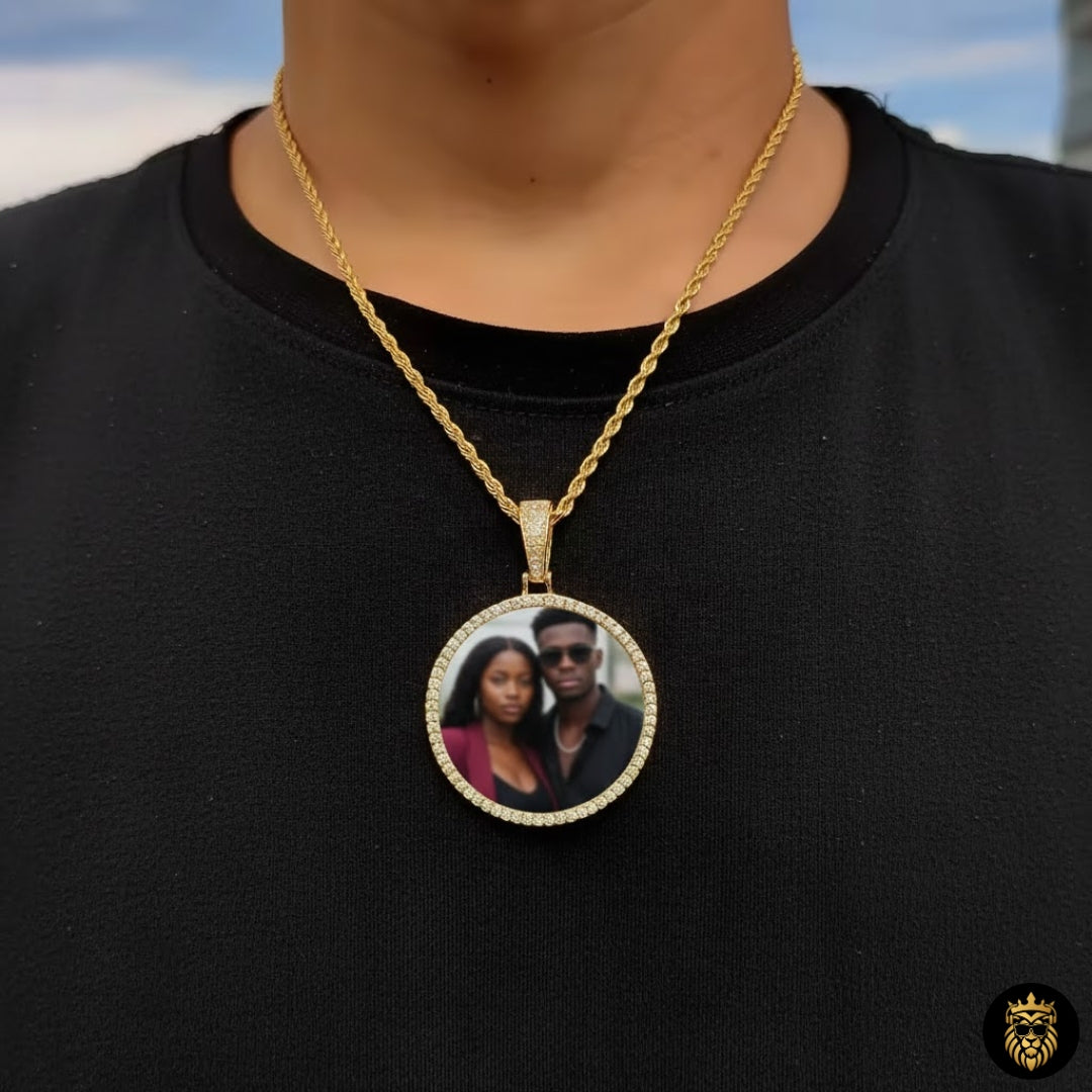 Custom engraved photo visible inside gold memory medallion necklace for men