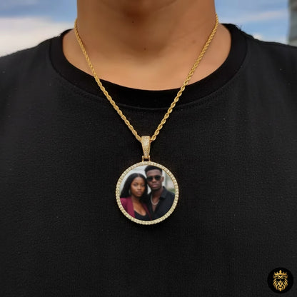 Custom engraved photo visible inside gold memory medallion necklace for men