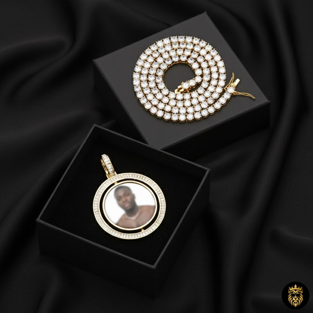 Iced out custom photo medallion necklace with sparkling stones and premium finish
