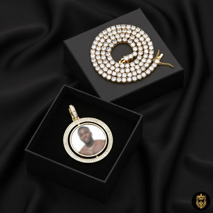 Iced out custom photo medallion necklace with sparkling stones and premium finish
