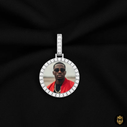 Close-up of custom picture round pendant necklace highlighting detailed photo engraving inside medallion