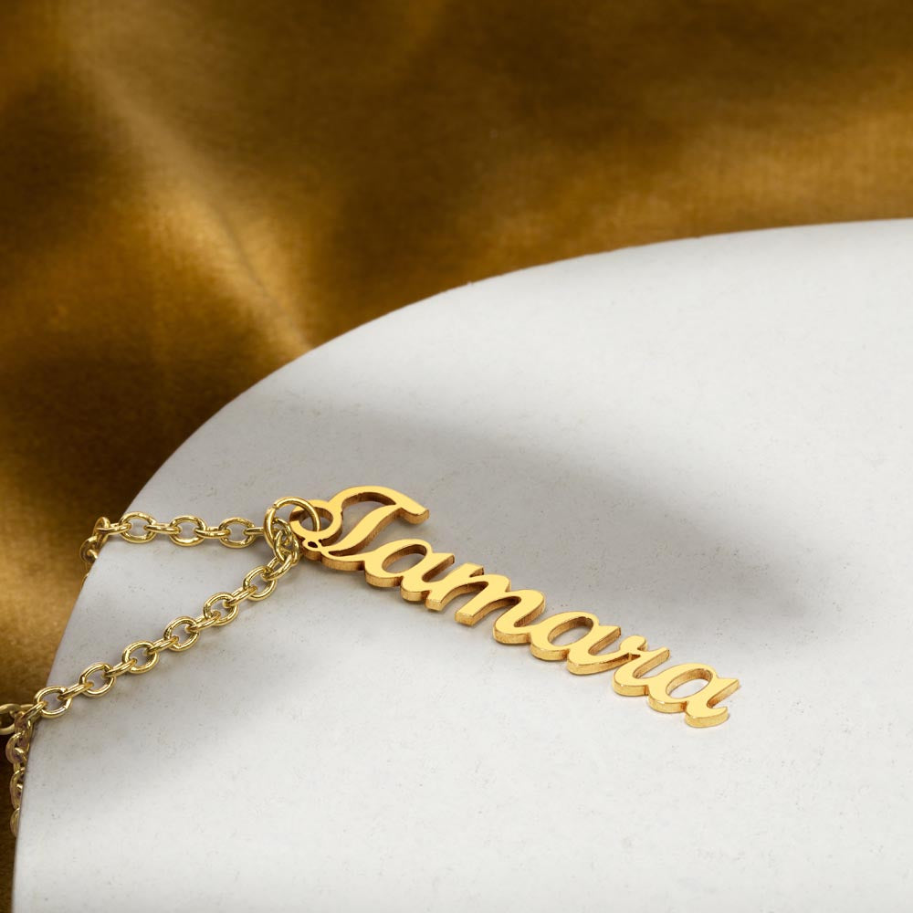 Gold vertical name bar necklace with custom engraving for women