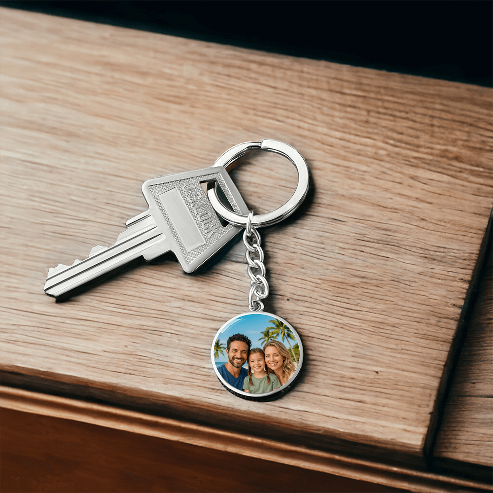 Gift-ready packaging of personalized round photo keychain