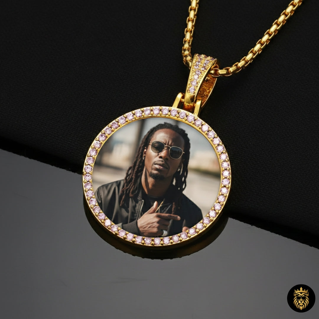 Pink custom photo medallion necklace with AAA cubic zirconia stones