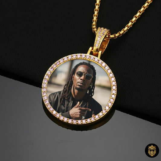Pink custom photo medallion necklace with AAA cubic zirconia stones
