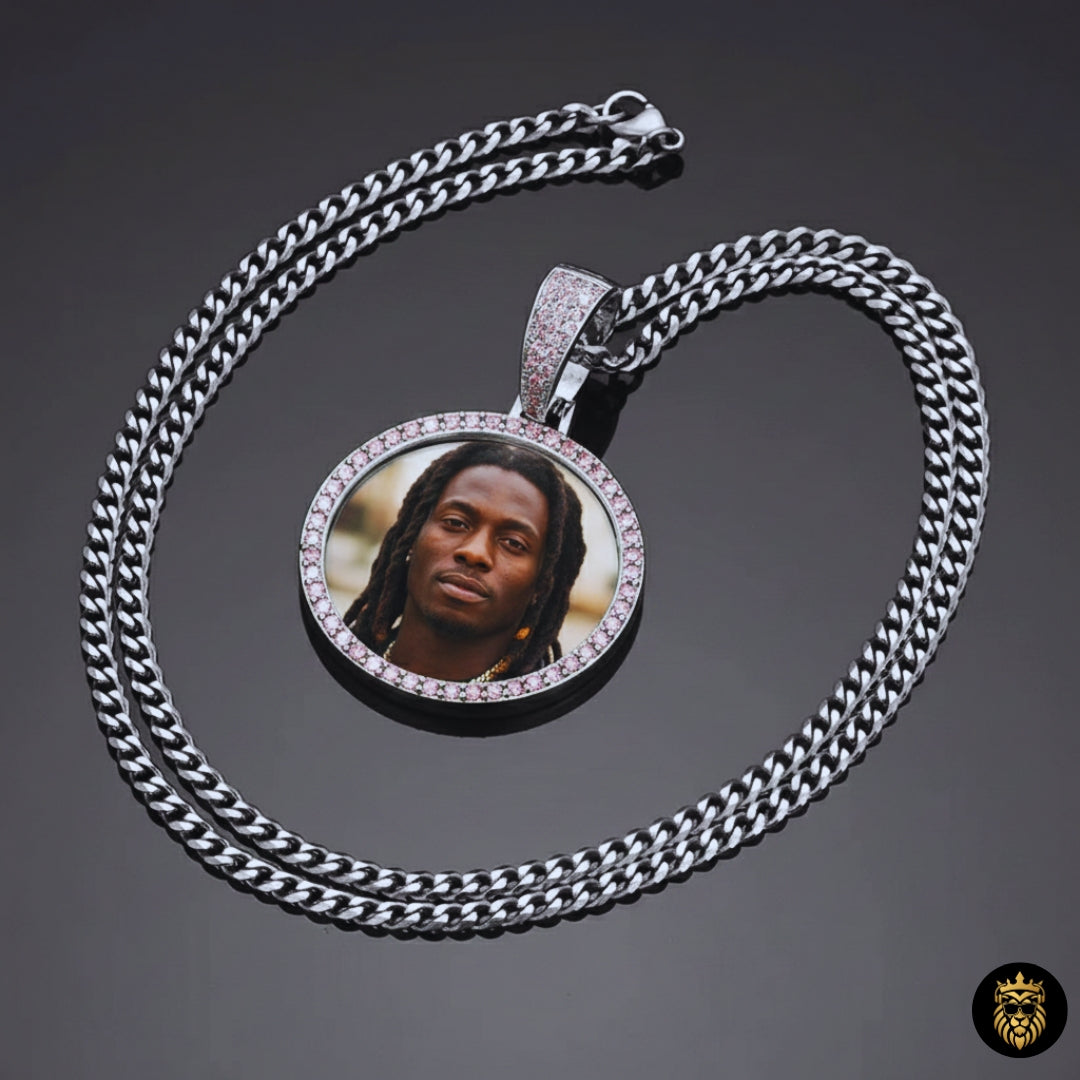 Women’s pink photo necklace with sparkling CZ stones