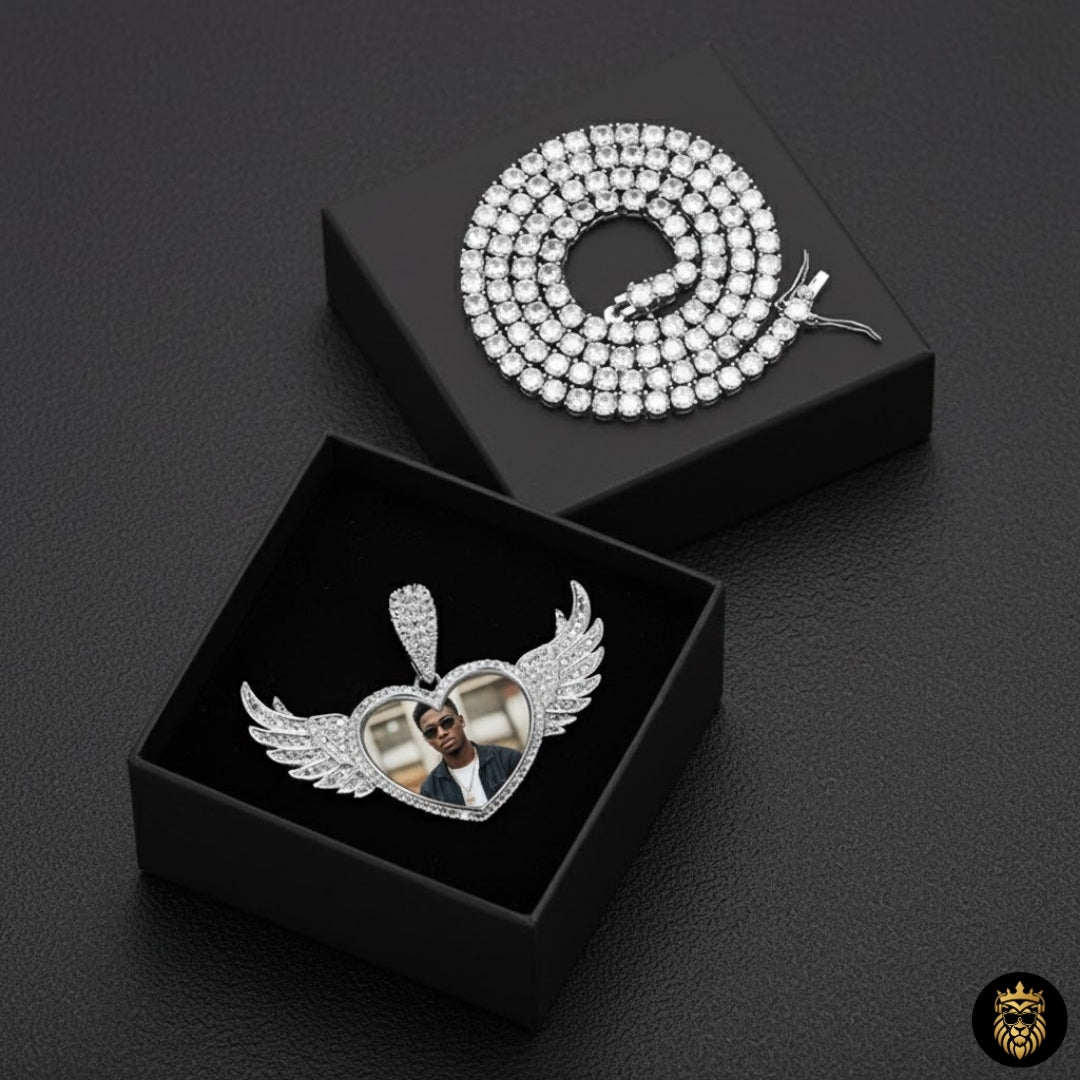 Gift box presentation of custom photo medallion necklace
