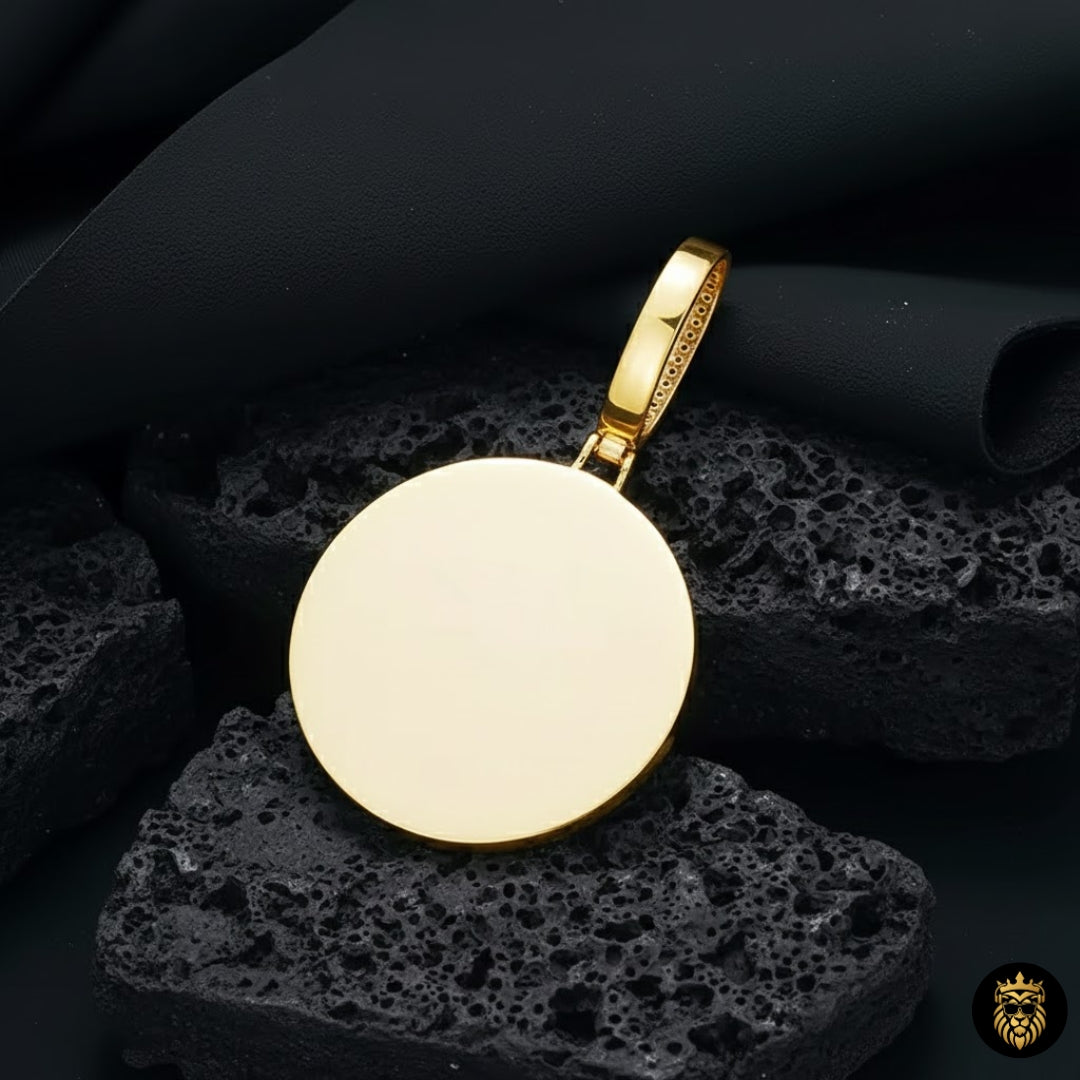 Close-up of thick gold chain attached to 45mm custom photo medallion pendant