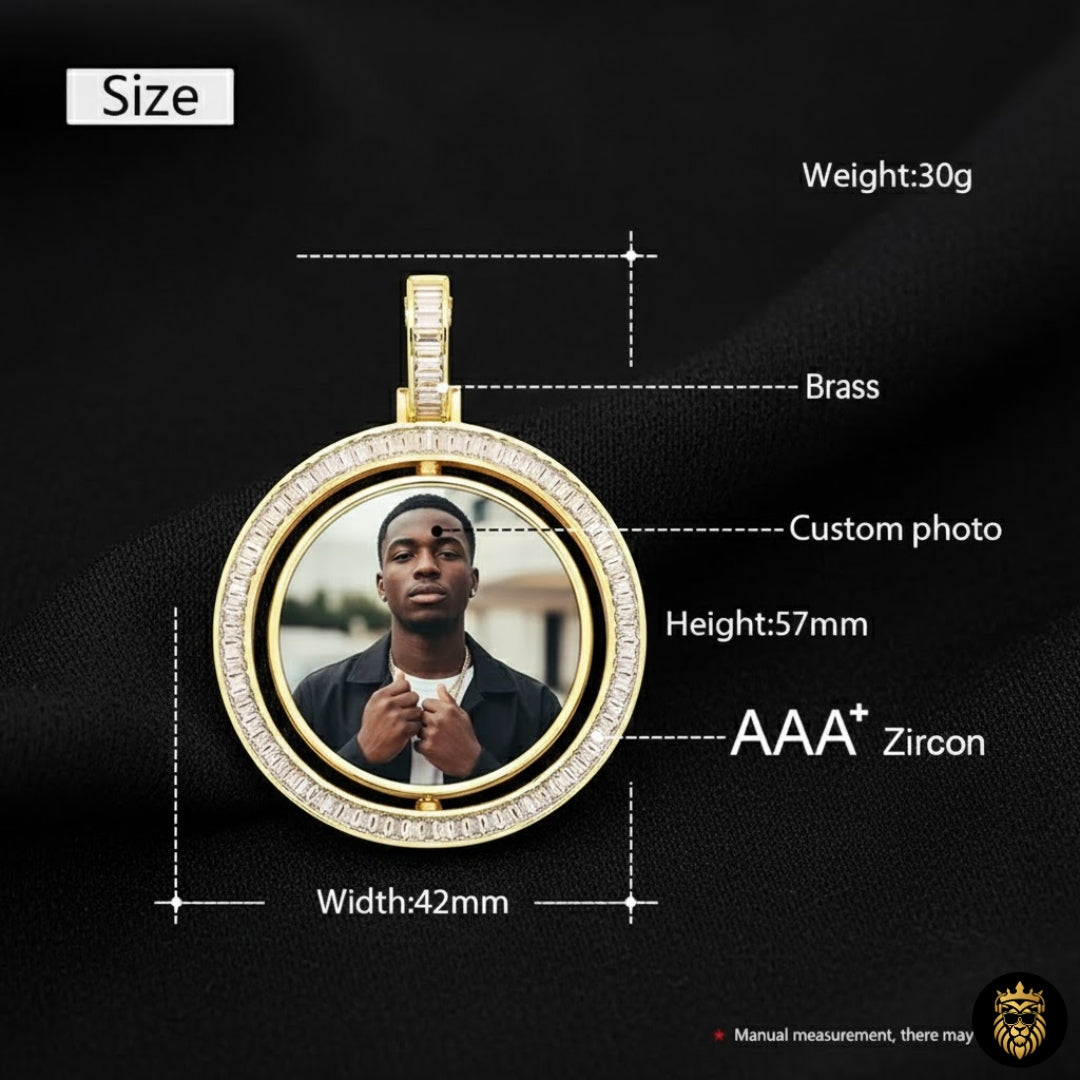 High-end round medallion necklace with baguette crystals and personalized photo slot
