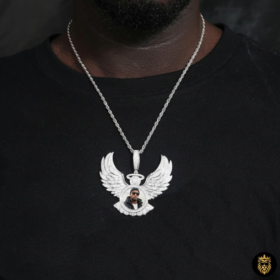 Premium gold plated custom memory photo necklace with angel wing design
