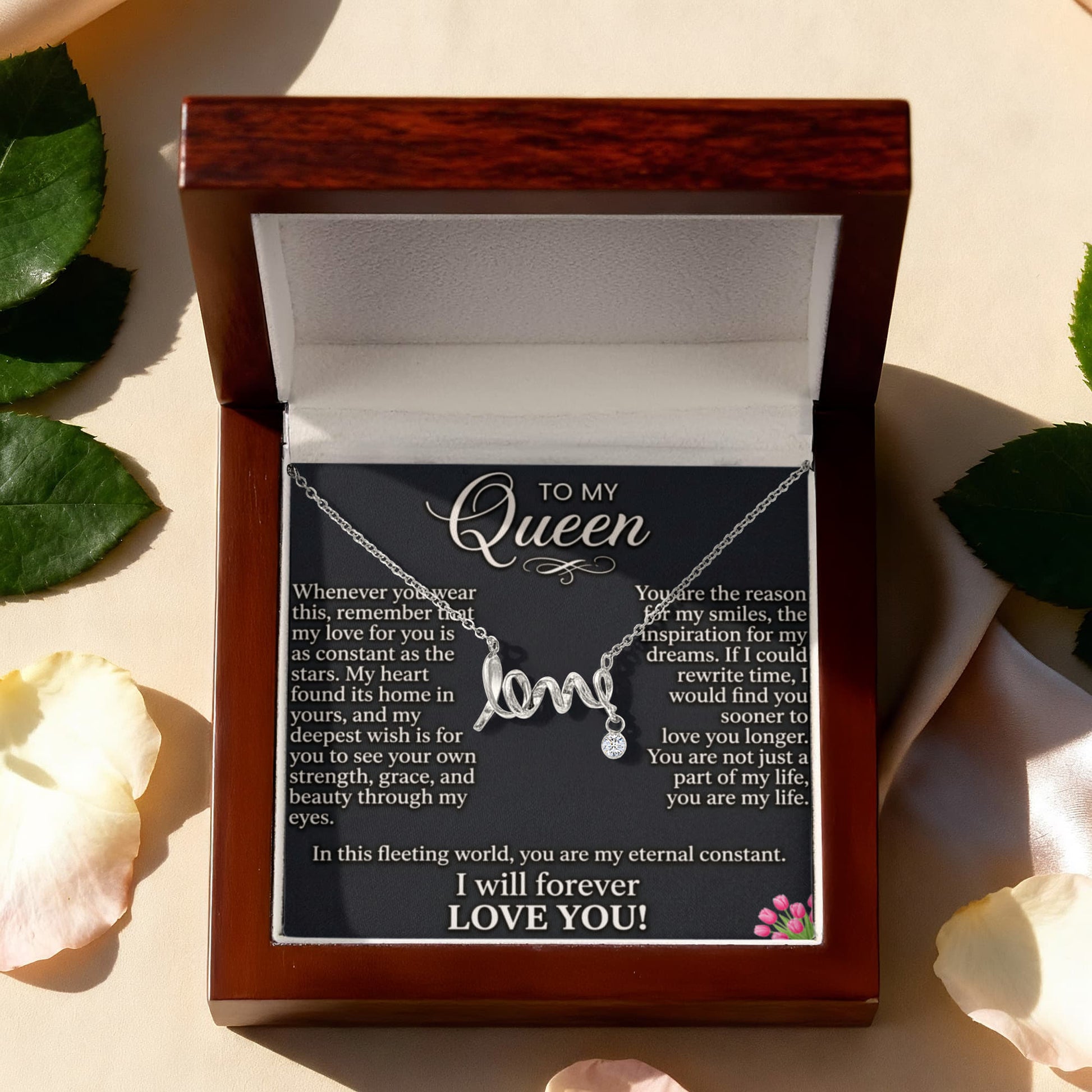 Front view of scripted love pendant necklace
