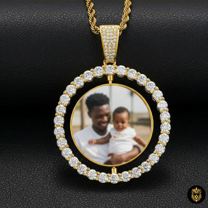 Rotating custom picture necklace with sparkling moissanite stones