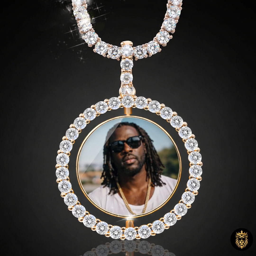 Iced-out rotating photo medallion necklace in gold finish