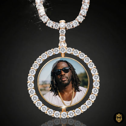 Iced-out rotating photo medallion necklace in gold finish