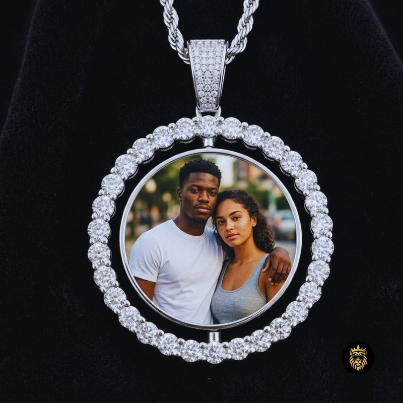 Rotating custom photo medallion necklace with moissanite stones