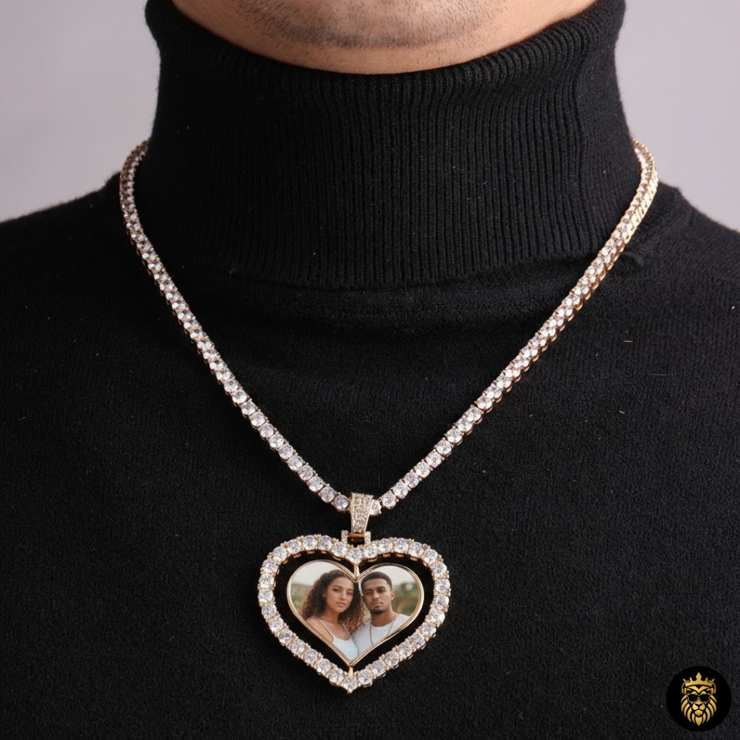 Rotating memory photo necklace showing premium gold finish and shine
