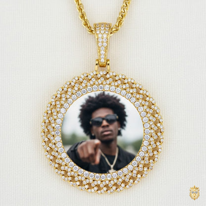 Gold rotating photo medallion necklace showcasing hip hop style Cuban link chain