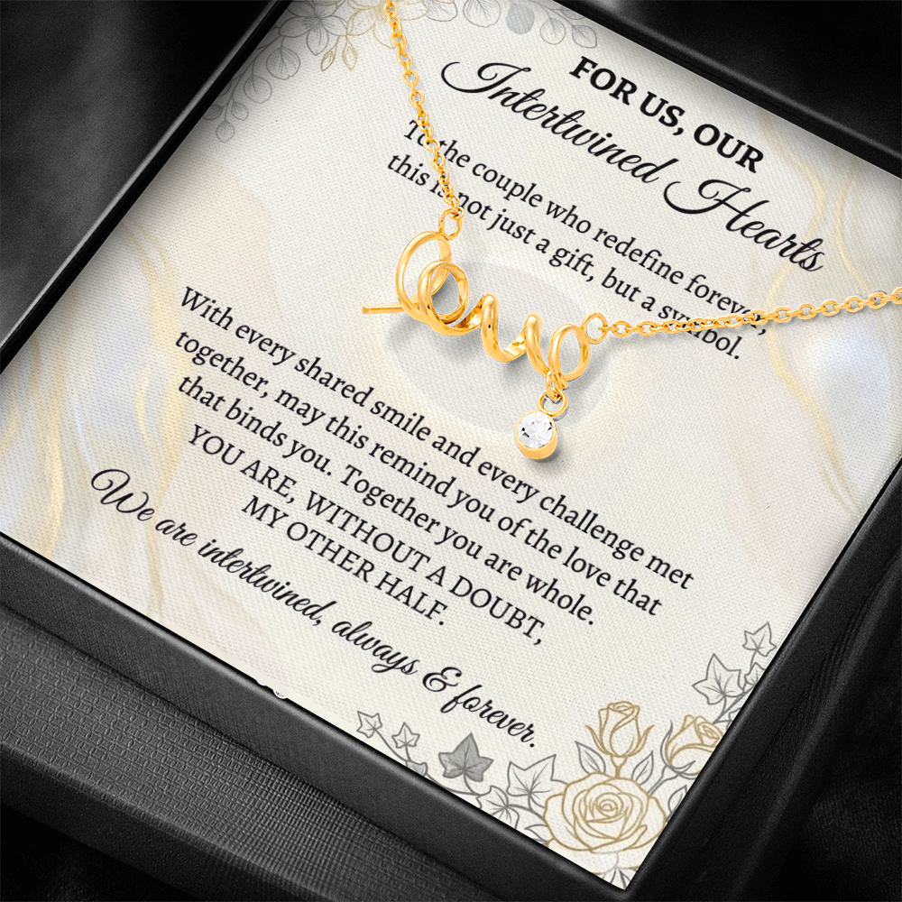 Scripted love necklace for couples with elegant crystal design