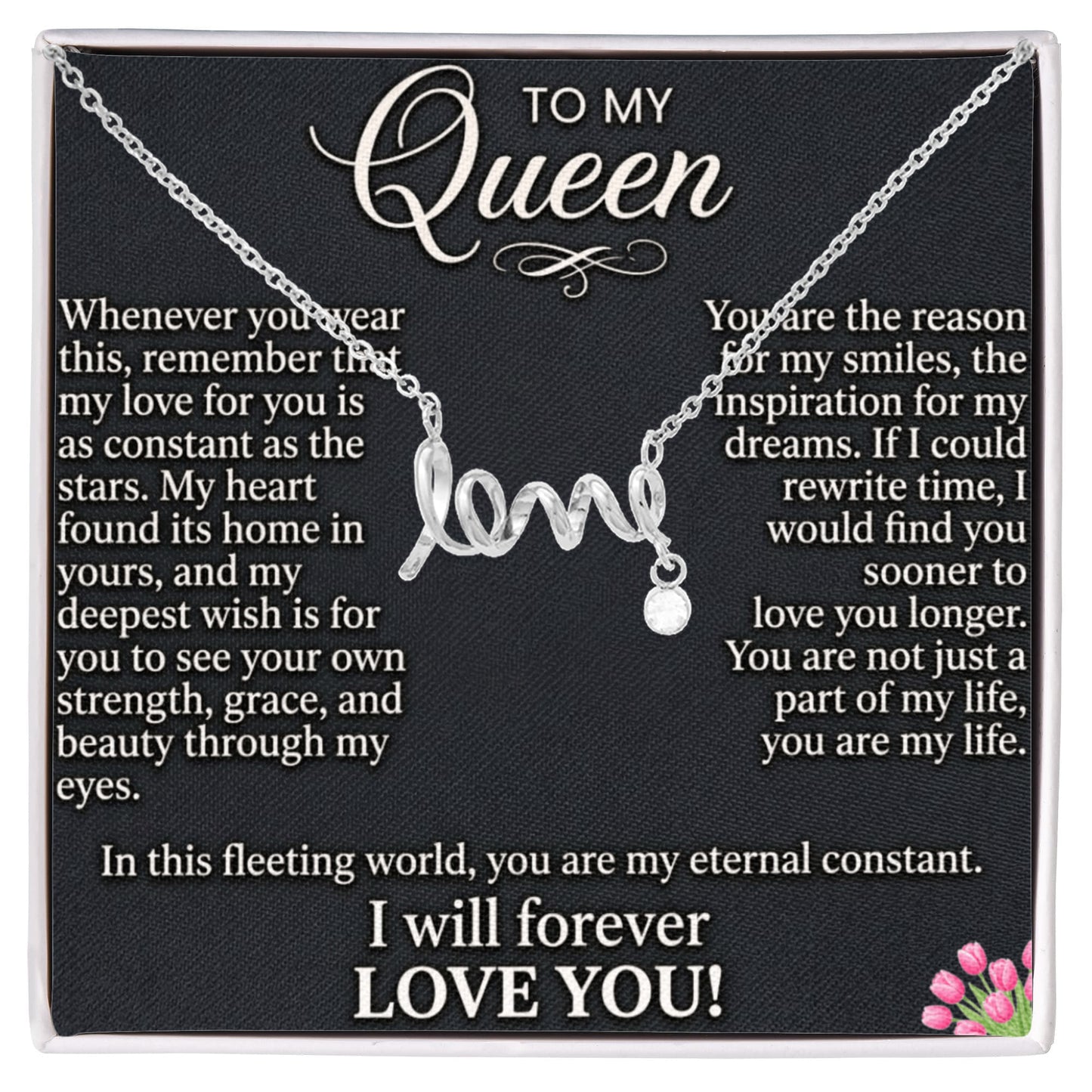 Scripted love necklace for her displayed on white background