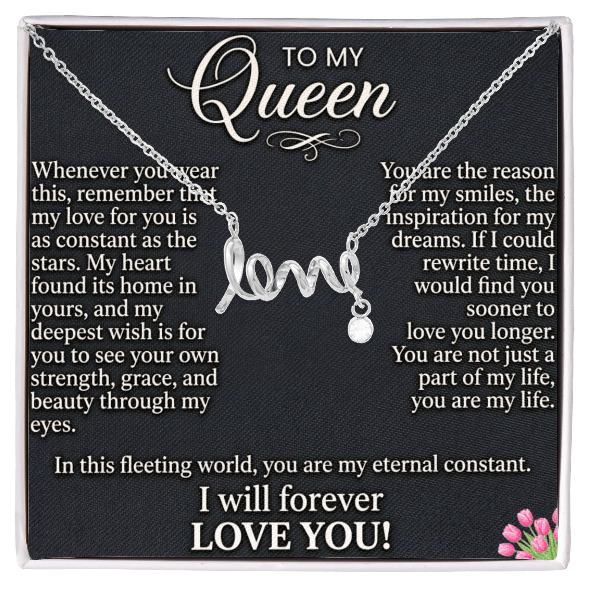Scripted love necklace for her displayed on white background